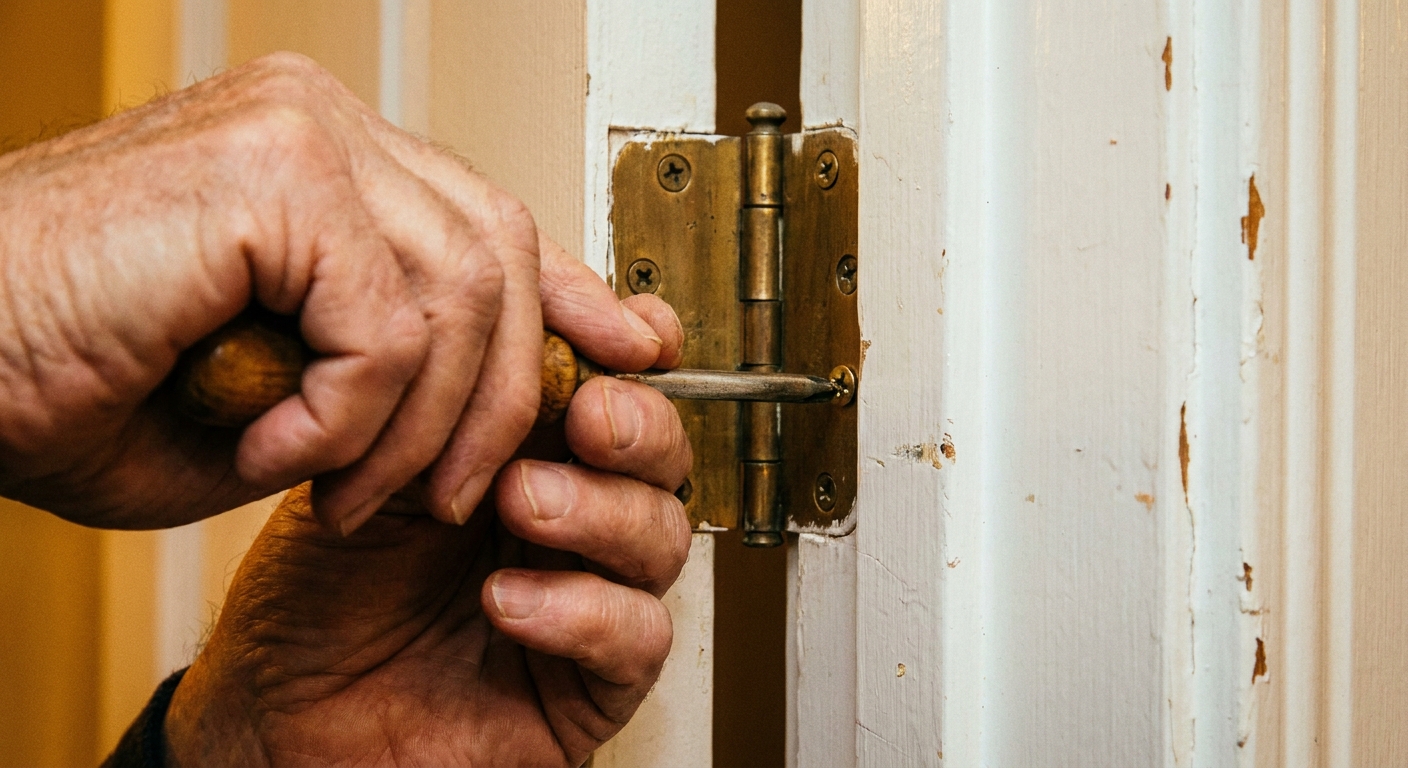 A close-up photograph of a hand tightening a brass door hinge screw with a screwdriver on a white painted interior door, warm indoor lighting