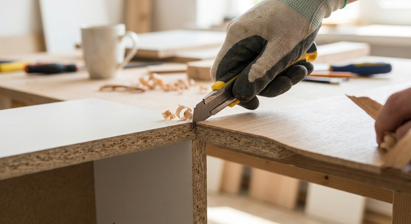 A close-up photograph of a hand trimming overhanging iron-on edge banding on a laminated shelf using a sharp utility knife, shallow depth of field, realistic home DIY setting