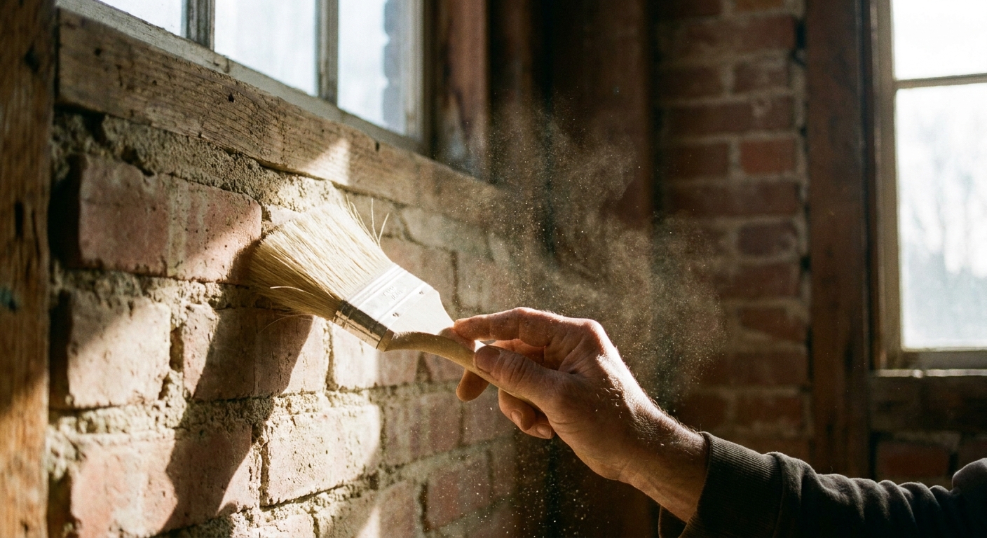 A close up photograph of a hand using a soft nylon brush to gently dust an exposed brick wall indoors, with fine dust visible in the light