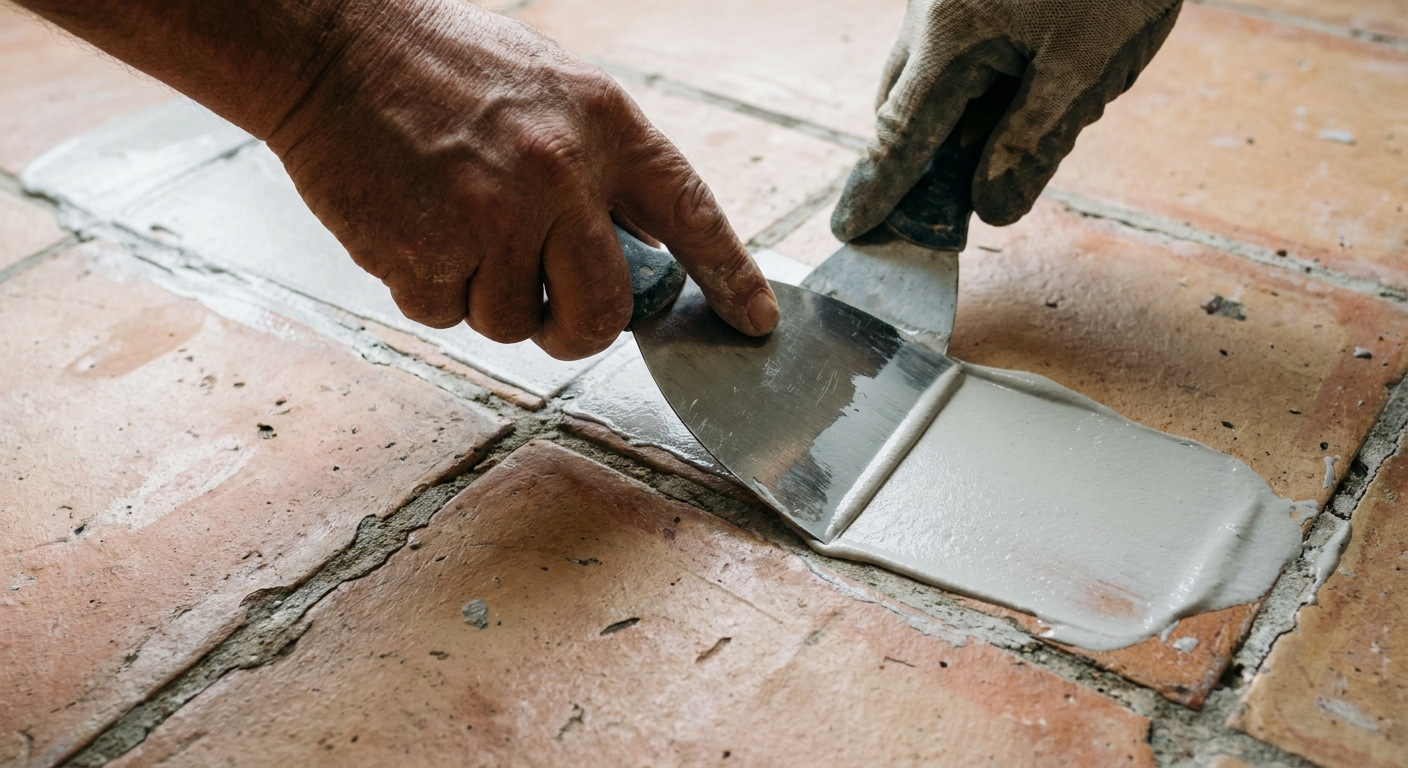 A close-up photograph of a hand using a wide putty knife to apply a thin skim coat over grout lines on an existing ceramic tile floor
