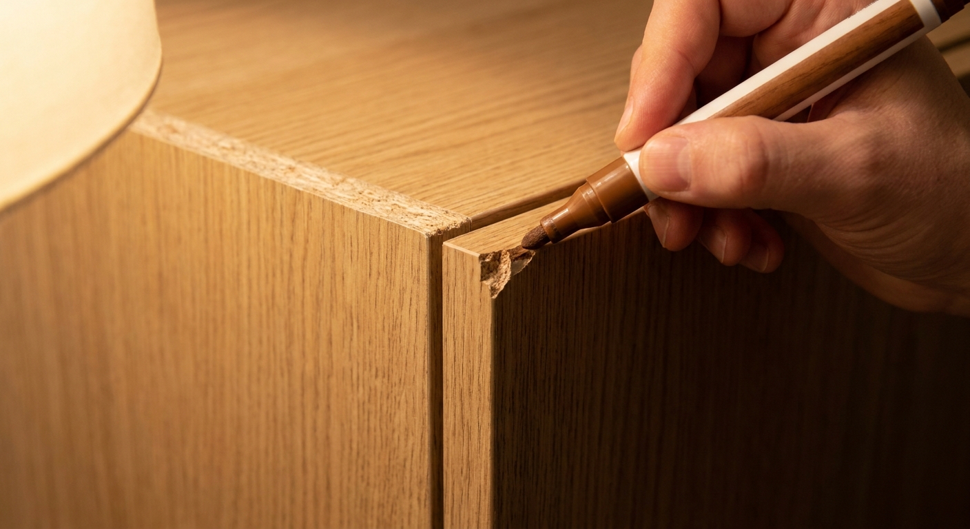 A close-up photograph of a hand using a wood-tone touch-up marker on a chipped laminate edge of an oak-effect flat-pack cabinet, realistic indoor lighting