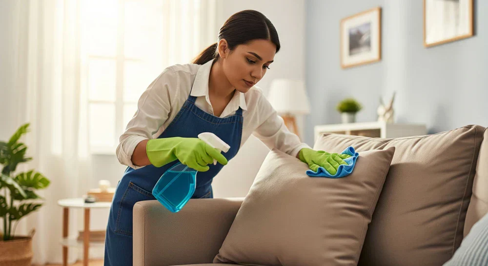 A close-up photograph of a hand wearing nitrile gloves gently lifting a couch seat cushion while an enzyme cleaner is applied to the fabric and the foam underneath in a bright living room