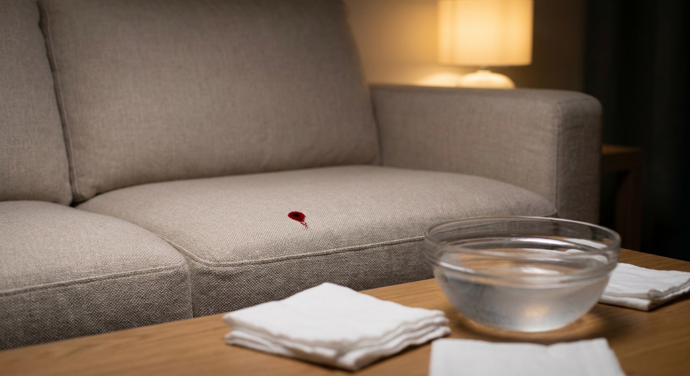 A close-up photograph of a light beige sofa cushion with a small fresh blood spot, with clean white cloths and a bowl of cold water on a nearby coffee table in a softly lit living room