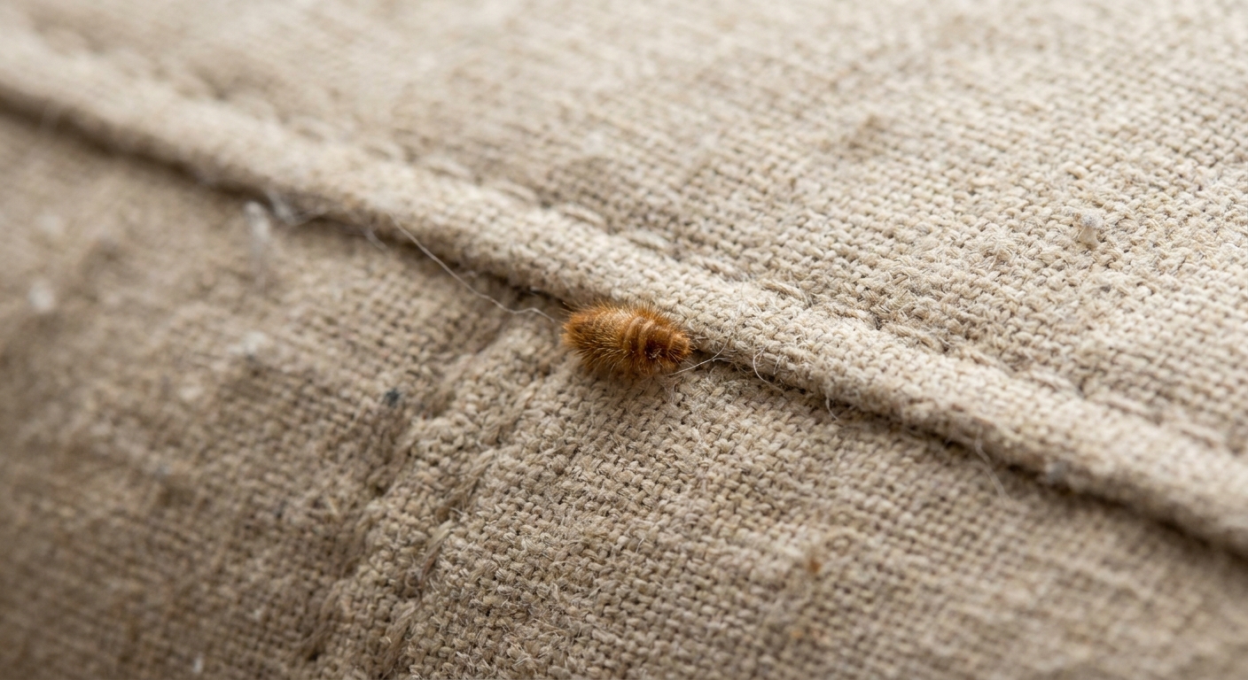A close-up photograph of a light-colored sofa seam with a small fuzzy brown carpet beetle larva near the stitching, natural window light