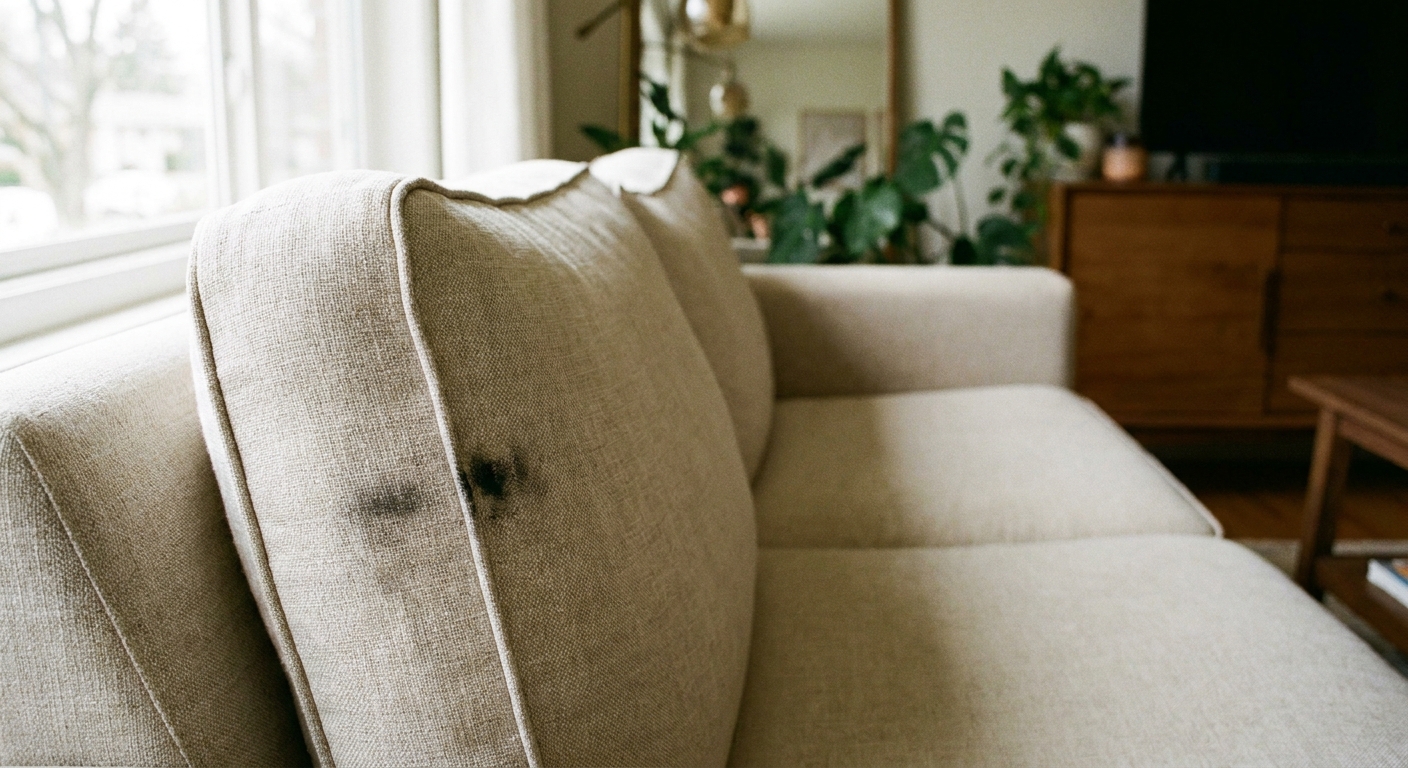 A close-up photograph of a light linen sofa cushion with a small black candle soot smudge near the seam, a soft natural-light living room in the background