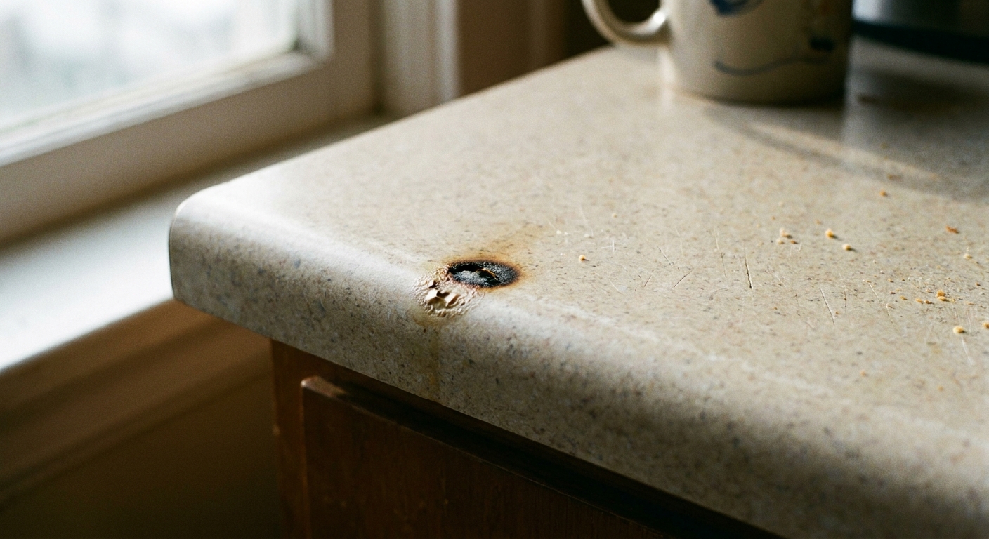 A close-up photograph of a light speckled laminate kitchen countertop with a small dark burn mark near the edge, natural window light