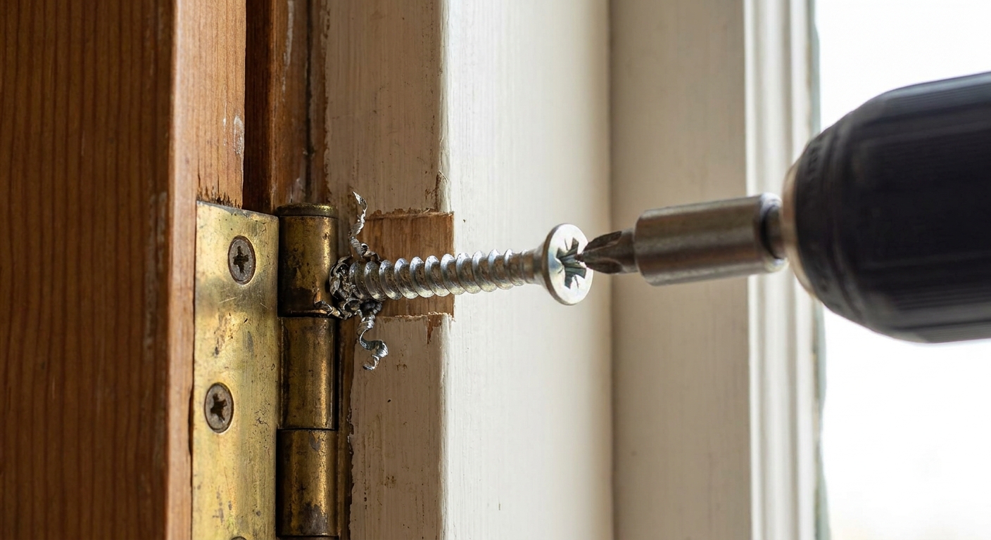 A close-up photograph of a long wood screw being driven into the top hinge on a door frame, showing the screw pulling the hinge tight against the jamb