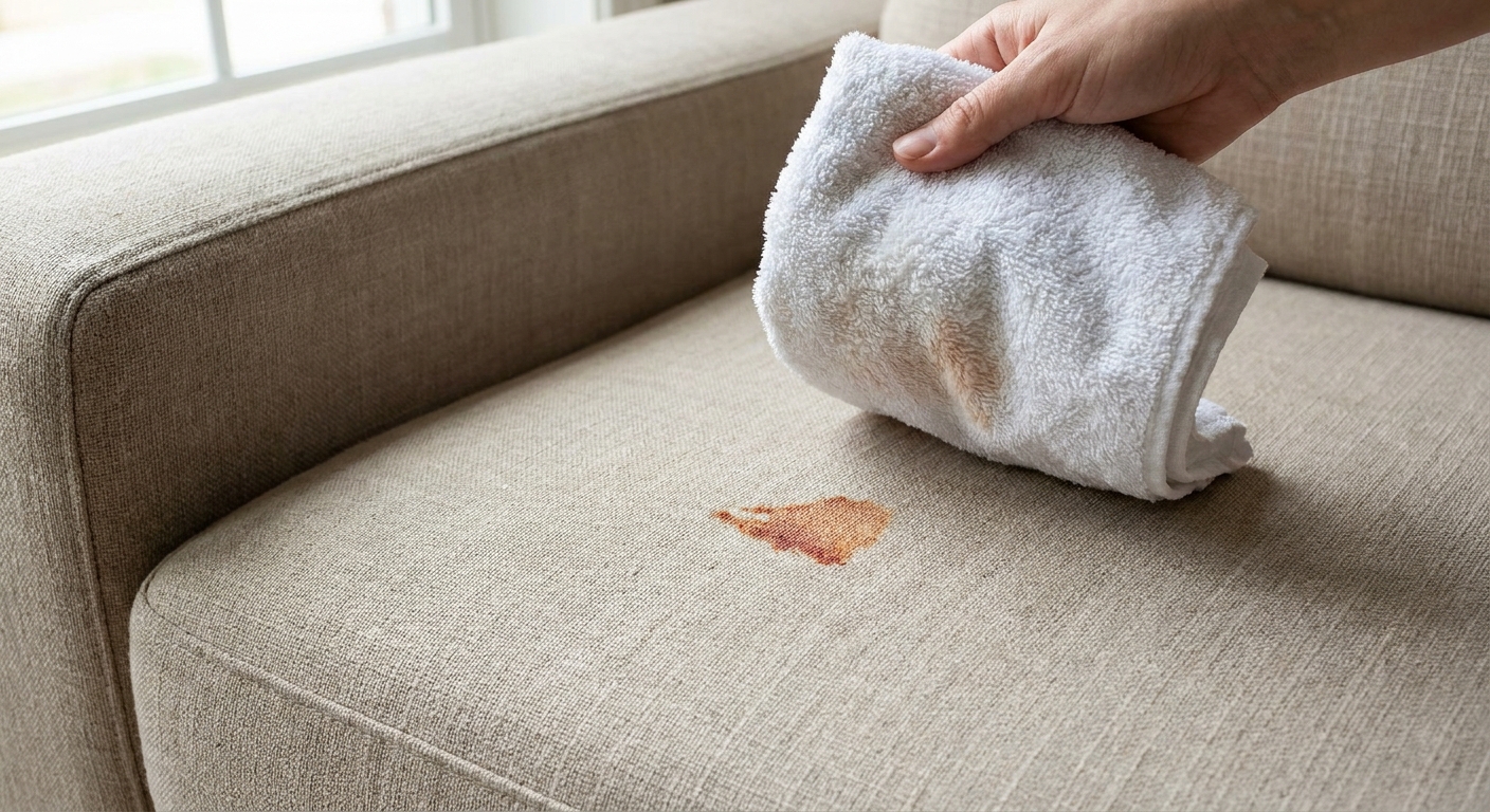 A close-up photograph of a neutral-toned sofa cushion with a small dried reddish-brown stain, with a damp white cloth held nearby ready to blot