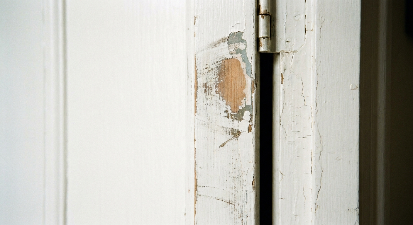 A close-up photograph of a painted interior door edge with visible rub marks and a small scuffed area where the door has been sticking against the frame