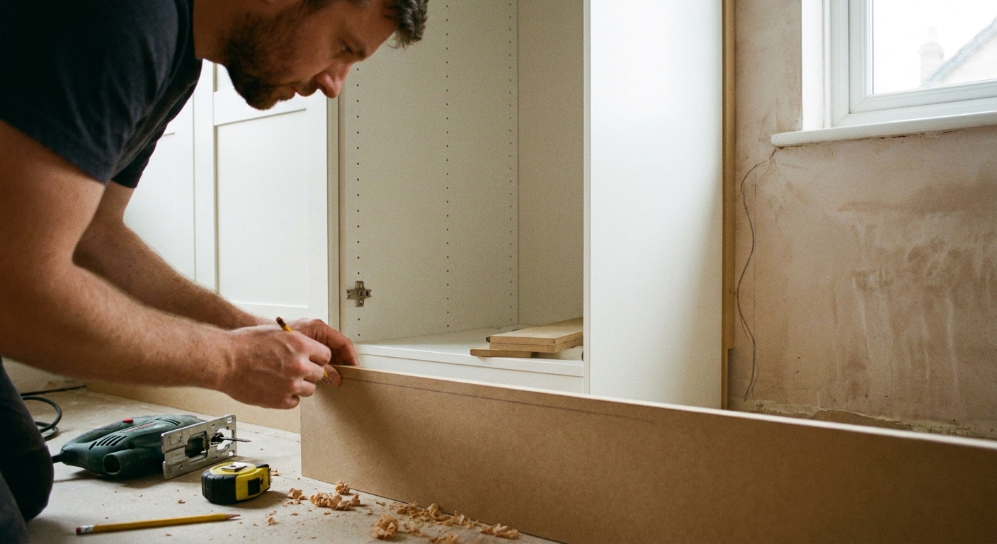A close-up photograph of a person fitting an MDF filler strip next to an IKEA PAX wardrobe, pencil scribe line visible against an uneven wall, DIY carpentry setup