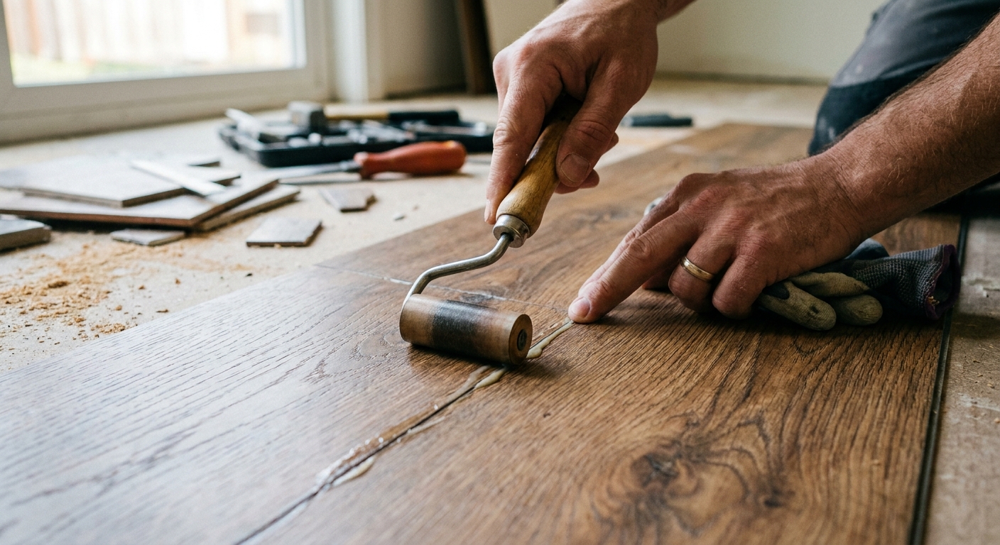 A close-up photograph of a person using a small hand roller to press down and seal seams between peel-and-stick vinyl floor tiles