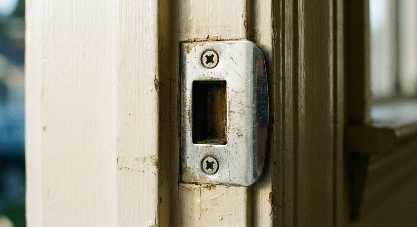 A close-up photograph of a silver strike plate installed on a painted door jamb, showing the latch opening and two mounting screws