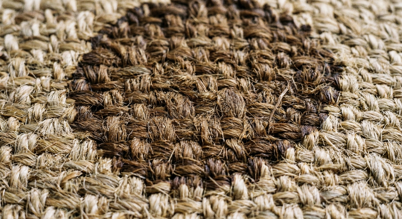 A close-up photograph of a sisal rug showing a darker water mark patch on the woven natural fibers