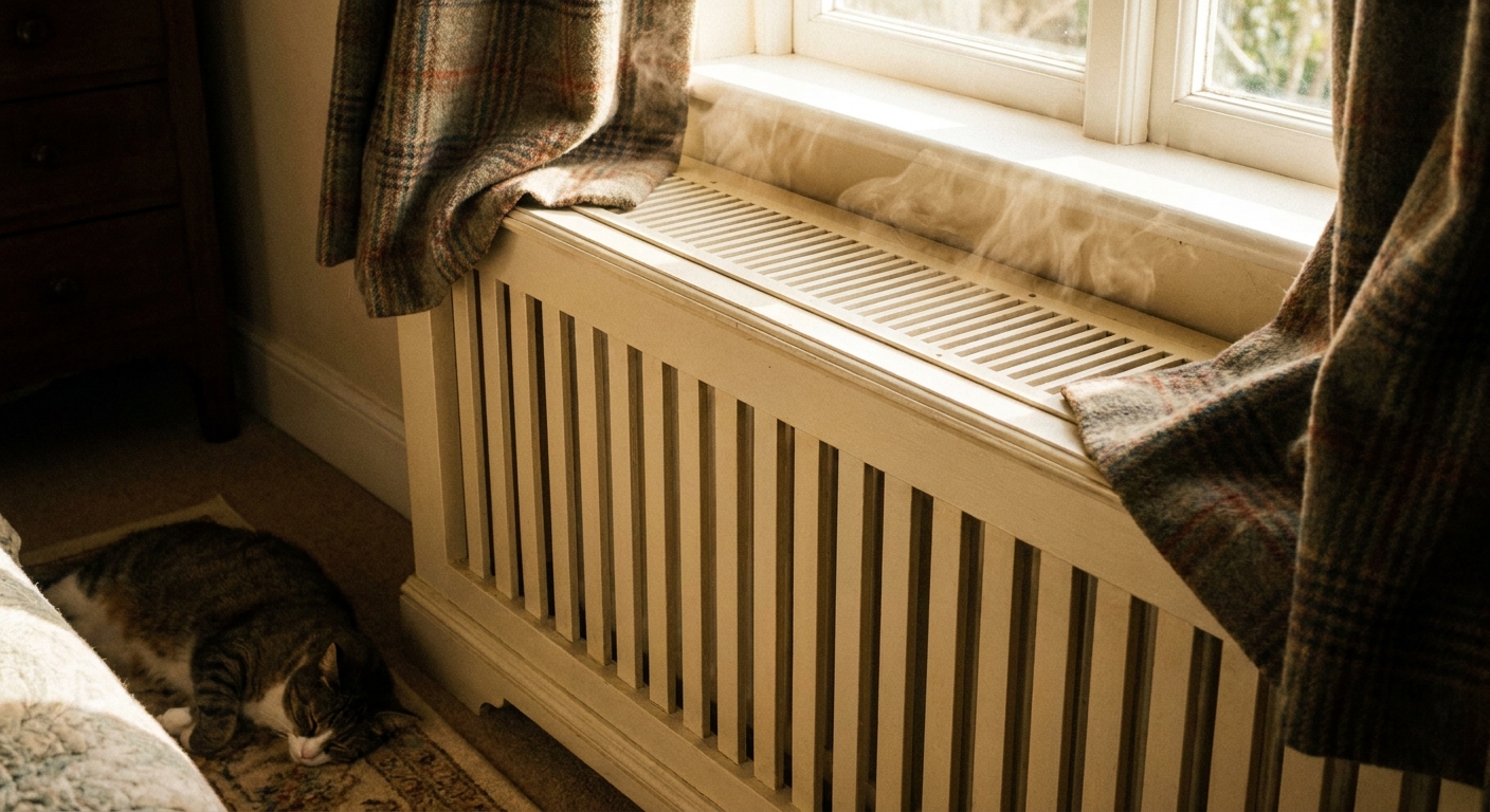 A close-up photograph of a slatted radiator cover with a vented top panel, showing warm air rising near a nearby curtain edge in a cozy bedroom