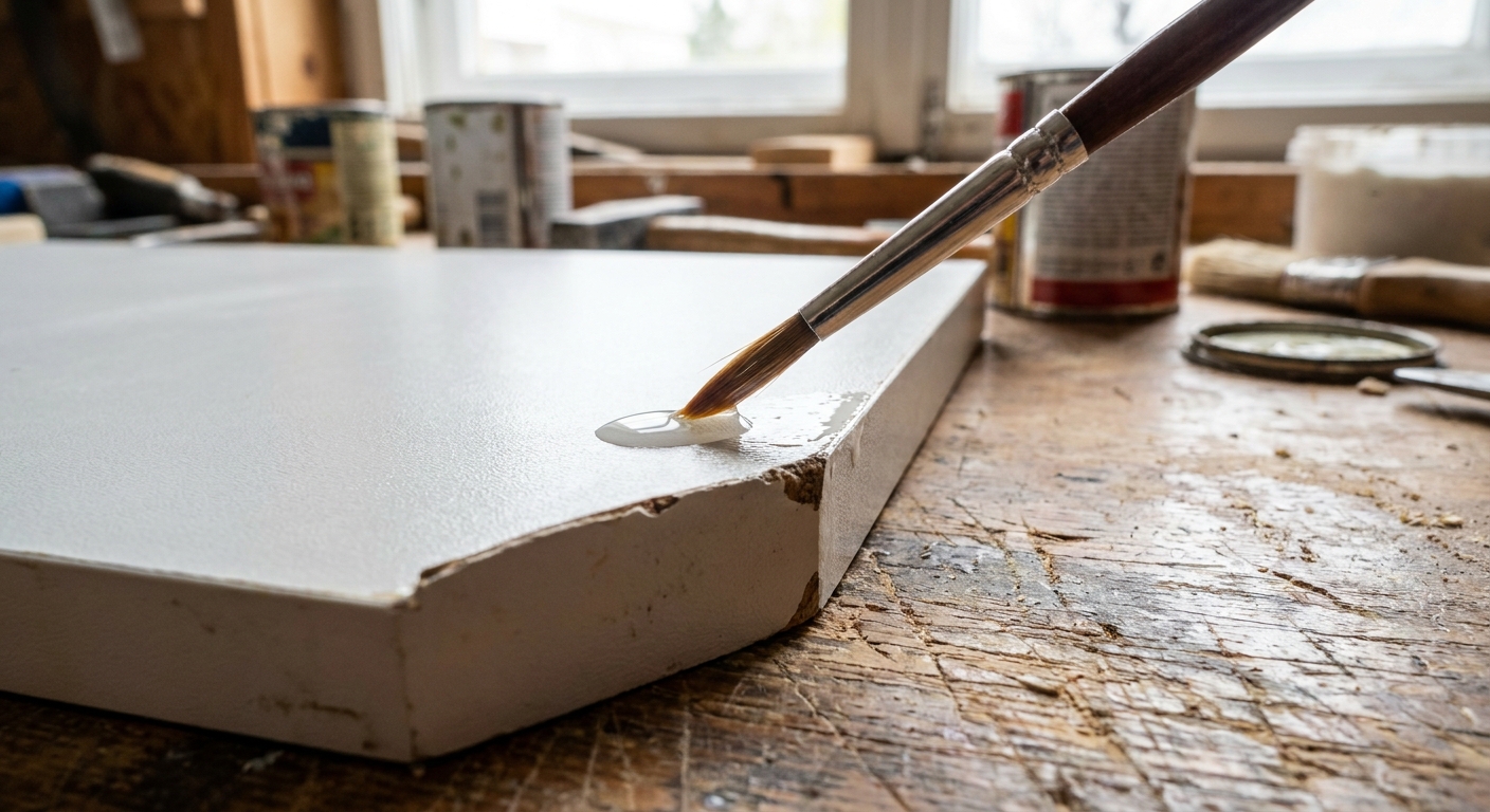 A close-up photograph of a small brush applying a thin coat of clear water-based polyurethane to a repaired laminate corner on a white cabinet, realistic home workshop surface