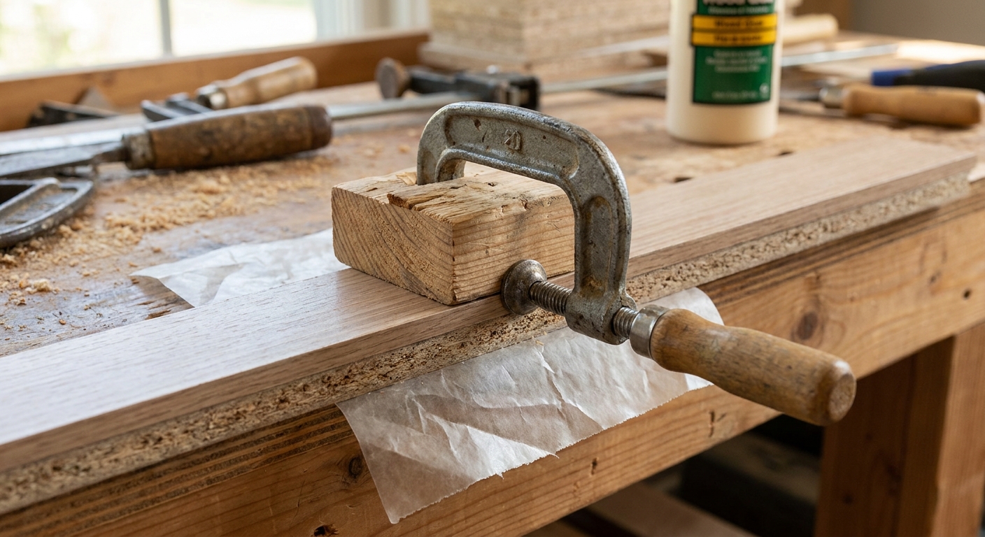 A close-up photograph of a small clamp pressing a scrap wood block against a repaired laminate edge on a particleboard shelf with wax paper underneath, realistic DIY workspace
