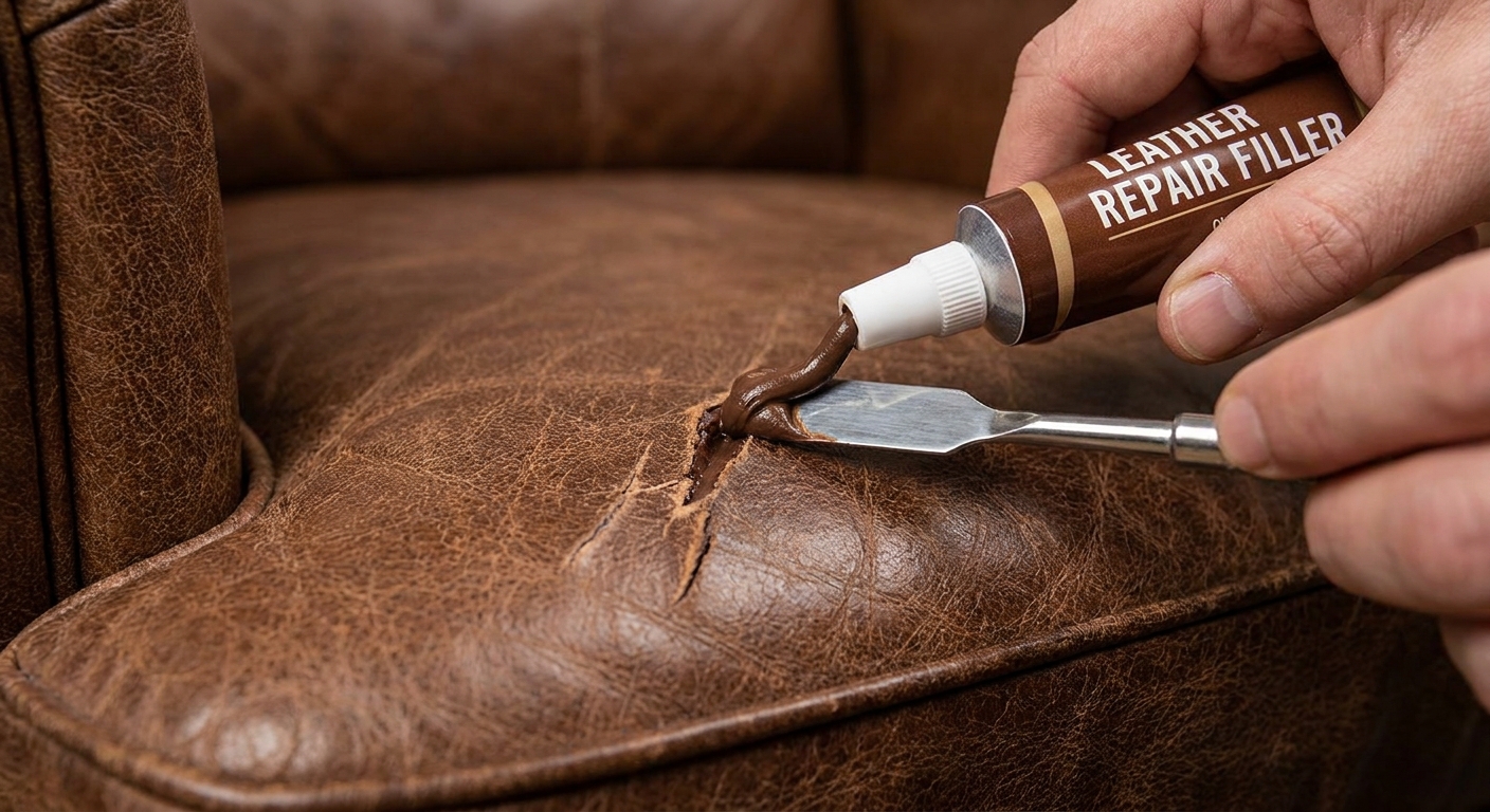 A close-up photograph of a small leather repair filler being applied carefully into a deeper scratch on a brown leather cushion