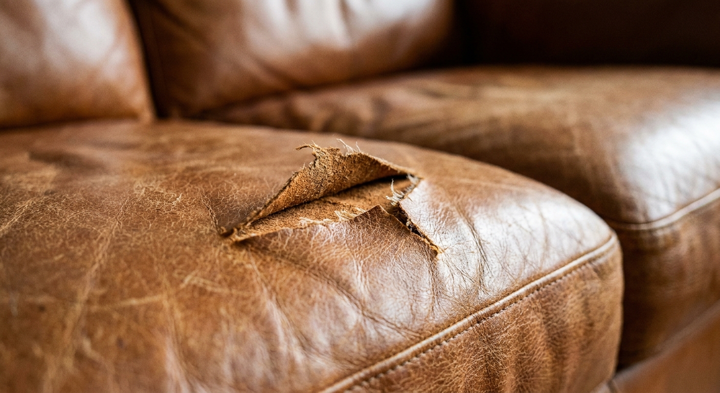 A close-up photograph of a small tear on a cognac leather sofa cushion with the edges slightly lifted