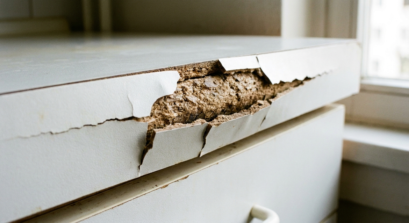 A close-up photograph of a swollen chipboard furniture edge where the white laminate is lifting and the particleboard core looks slightly puffy, realistic indoor lighting