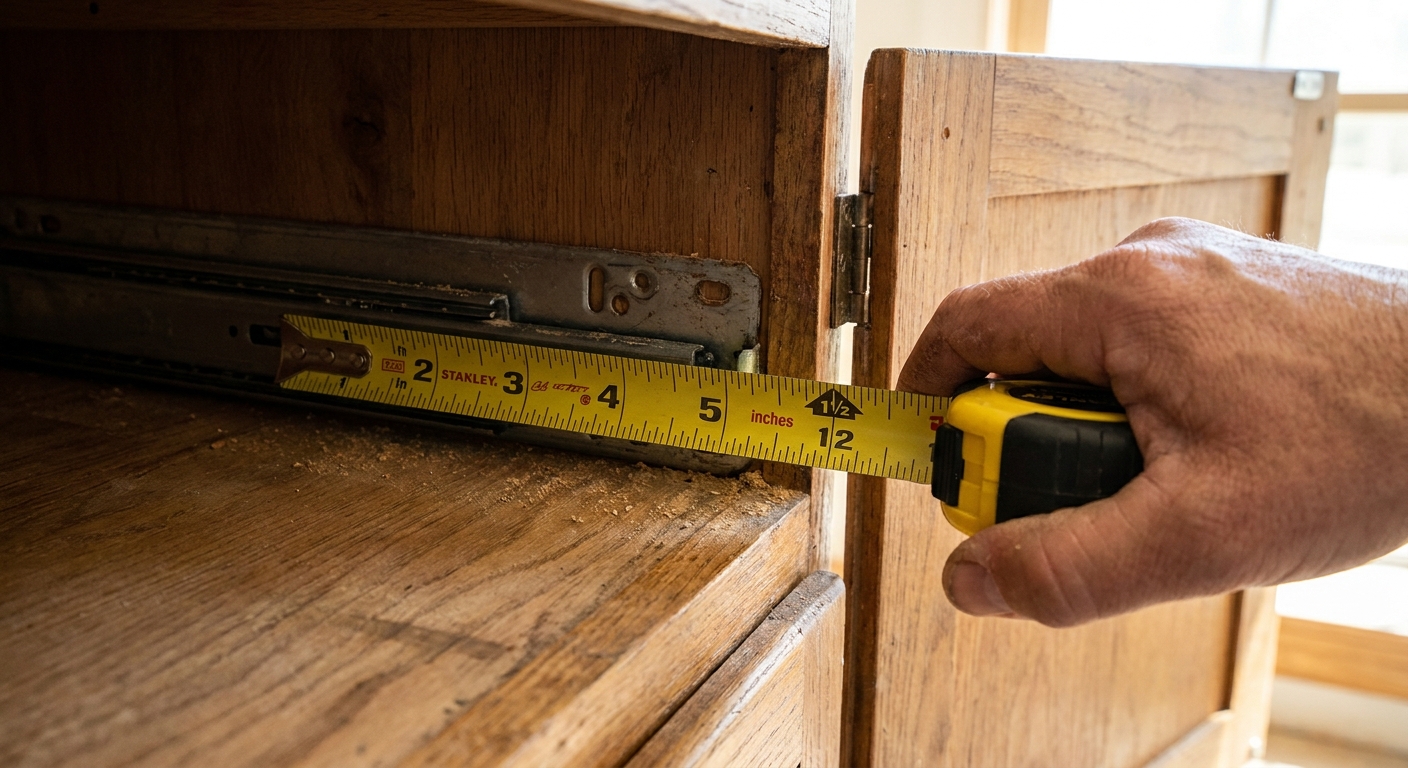 A close-up photograph of a tape measure held along a metal side-mount drawer slide inside a cabinet, showing the front-to-back measurement in natural light
