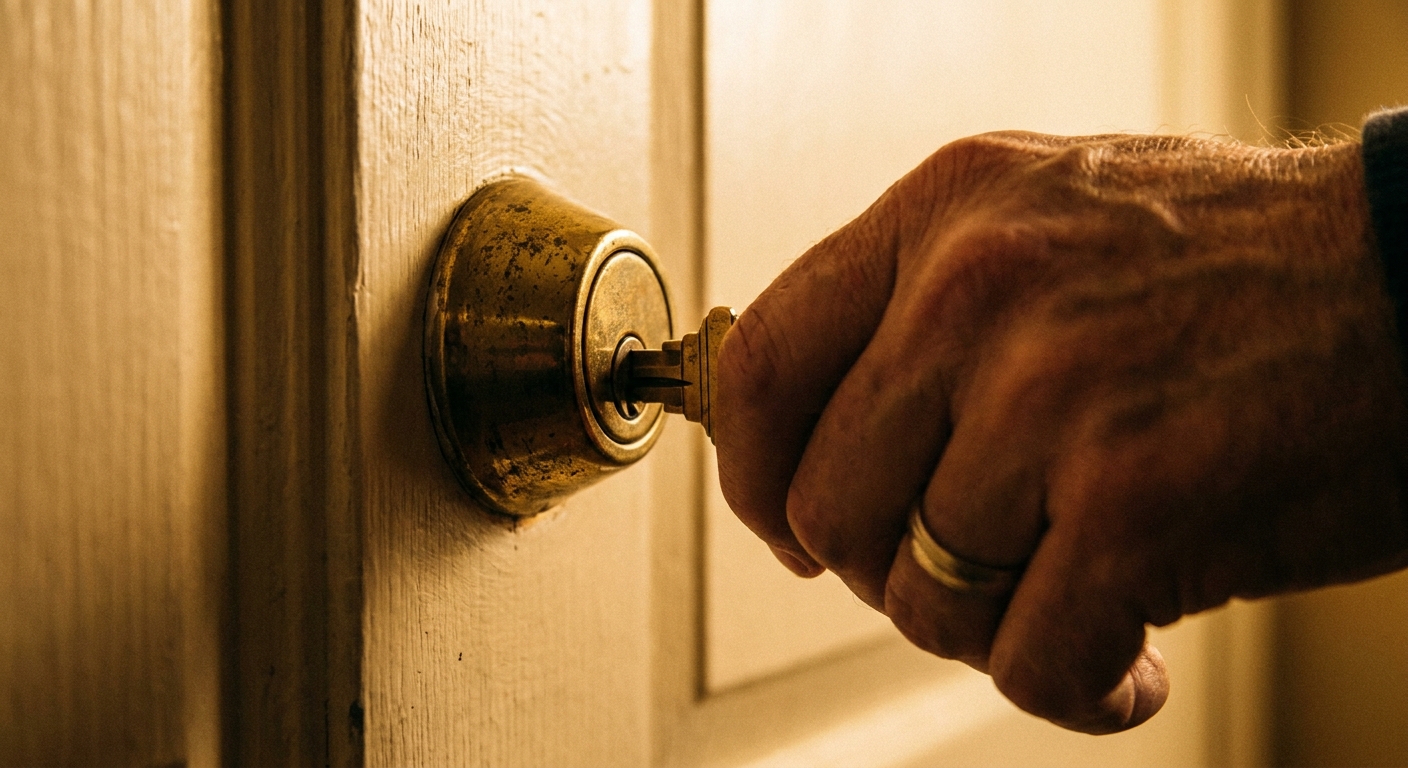 A close-up photograph of a tenant’s hand turning a key in a brass deadbolt on an apartment entry door, warm indoor lighting
