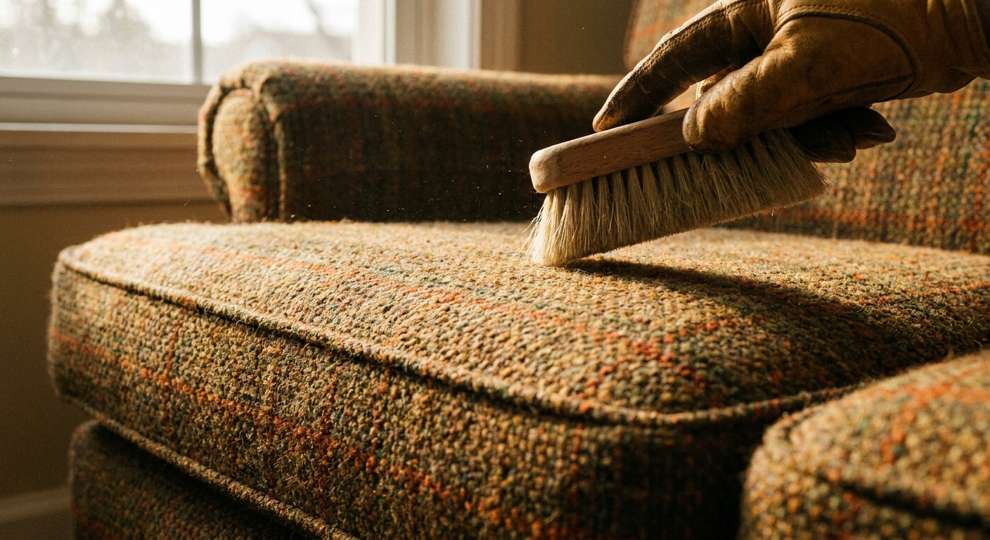 A close-up photograph of a tweed sofa seat cushion in warm window light, showing the tight weave texture while a hand holds a soft upholstery brush nearby