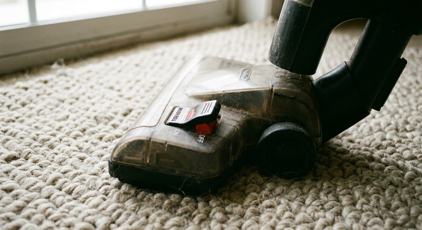 A close-up photograph of a vacuum head with a clearly visible brush roll switch set to off, resting on a textured area rug
