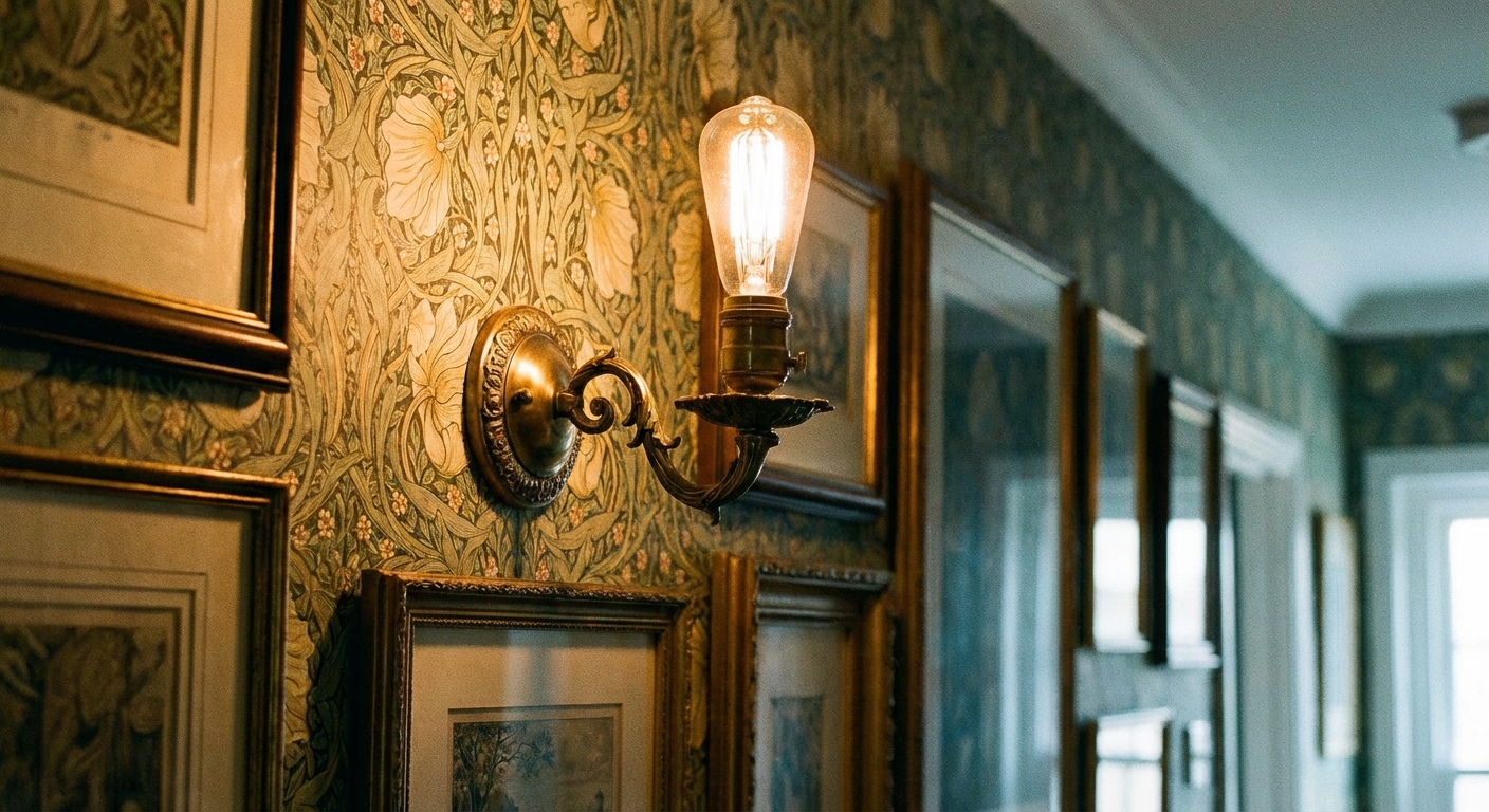 A close-up photograph of a vintage-style brass wall sconce glowing warmly above patterned wallpaper in a narrow hallway with framed art