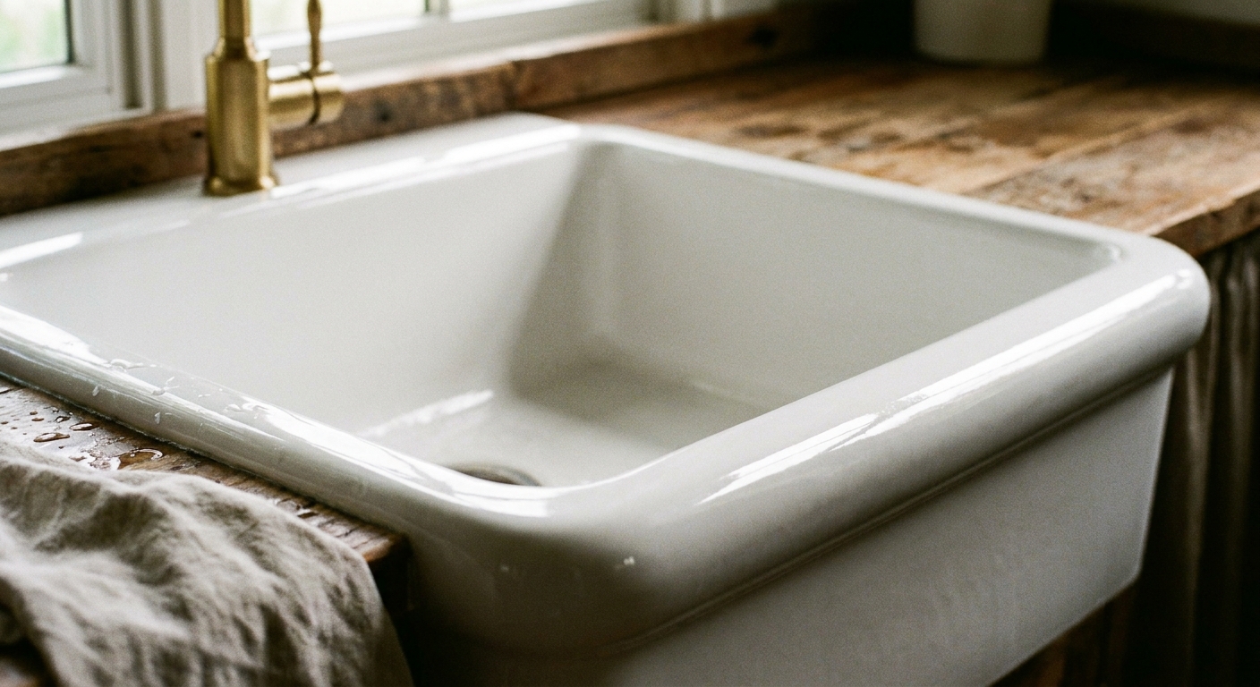 A close-up photograph of a white farmhouse-style sink showing a smooth glossy surface and rounded apron edge, softly lit