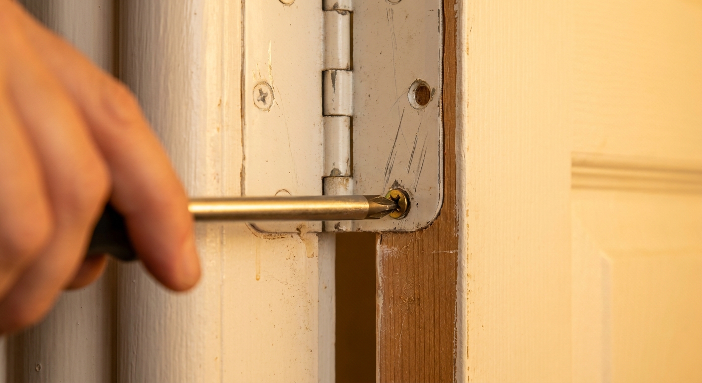 A close-up photograph of a white interior door hinge being tightened with a screwdriver, warm indoor lighting, showing the hinge screws and door edge clearly
