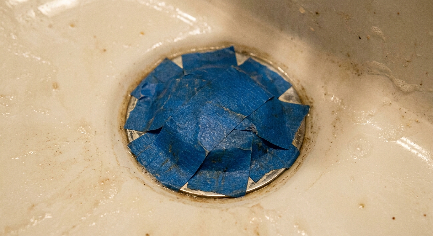 A close-up photograph of a white porcelain sink drain ring masked with blue painter's tape before cleaning, bathroom lighting