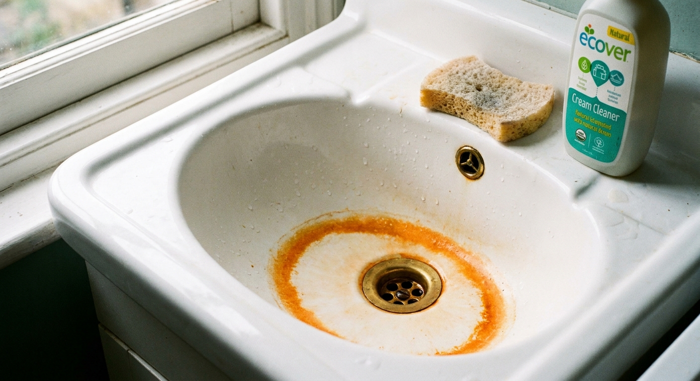 A close-up photograph of a white porcelain sink with an orange rust ring near the drain and a soft sponge and gentle cleaner nearby, natural window light
