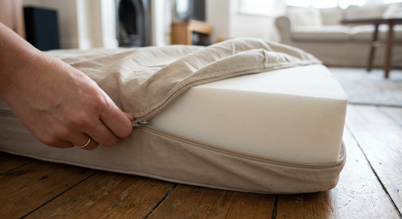 A close-up photograph of an IKEA EKTORP seat cushion partially inserted into its cover, with a hand guiding the zipper closed along a seam