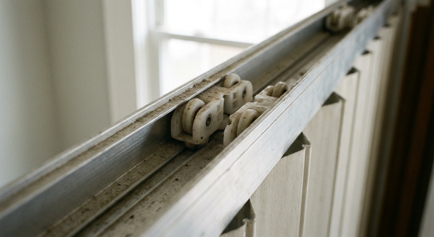 A close-up photograph of an accordion closet door head track with small plastic runners inside a metal channel, photographed in soft indoor lighting