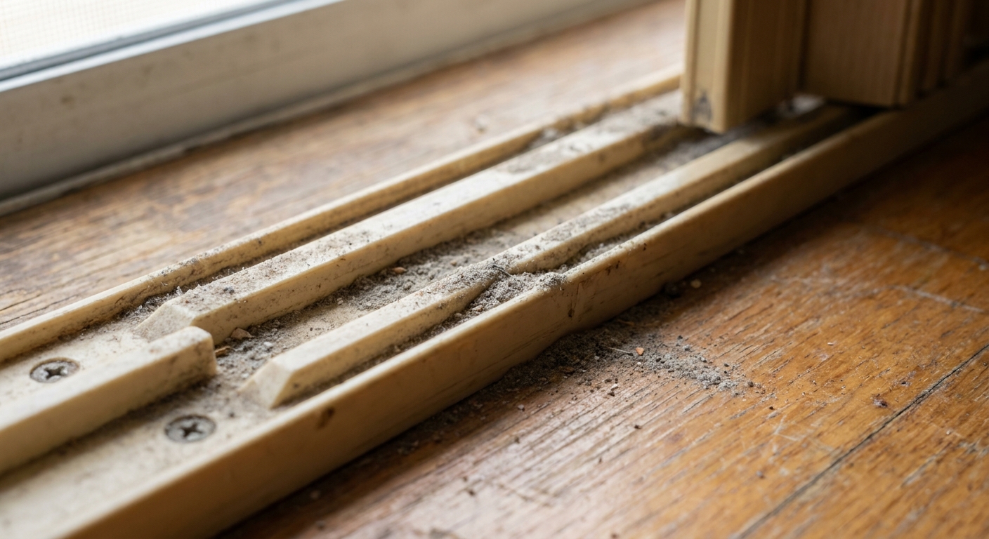A close-up photograph of an accordion door bottom floor guide channel in beige plastic mounted on a floor, showing small collected dust along the track