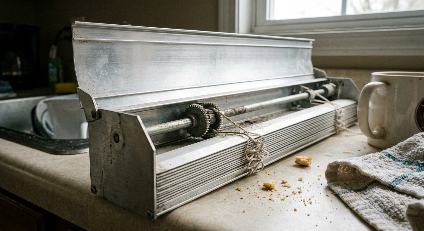 A close-up photograph of an aluminum mini blind headrail with the top cover tilted open, showing the tilt mechanism and cords on a kitchen counter