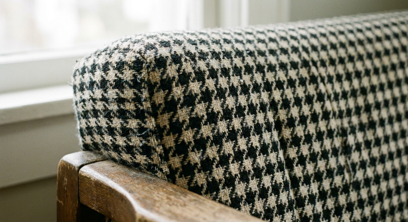 A close-up photograph of black-and-cream houndstooth upholstery fabric on a sofa arm, showing the crisp woven pattern and subtle texture in natural light
