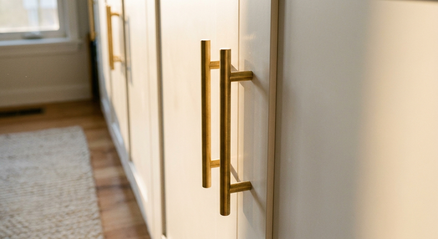 A close-up photograph of brushed brass bar pulls installed on smooth white IKEA PAX wardrobe doors, warm natural light highlighting the metal finish