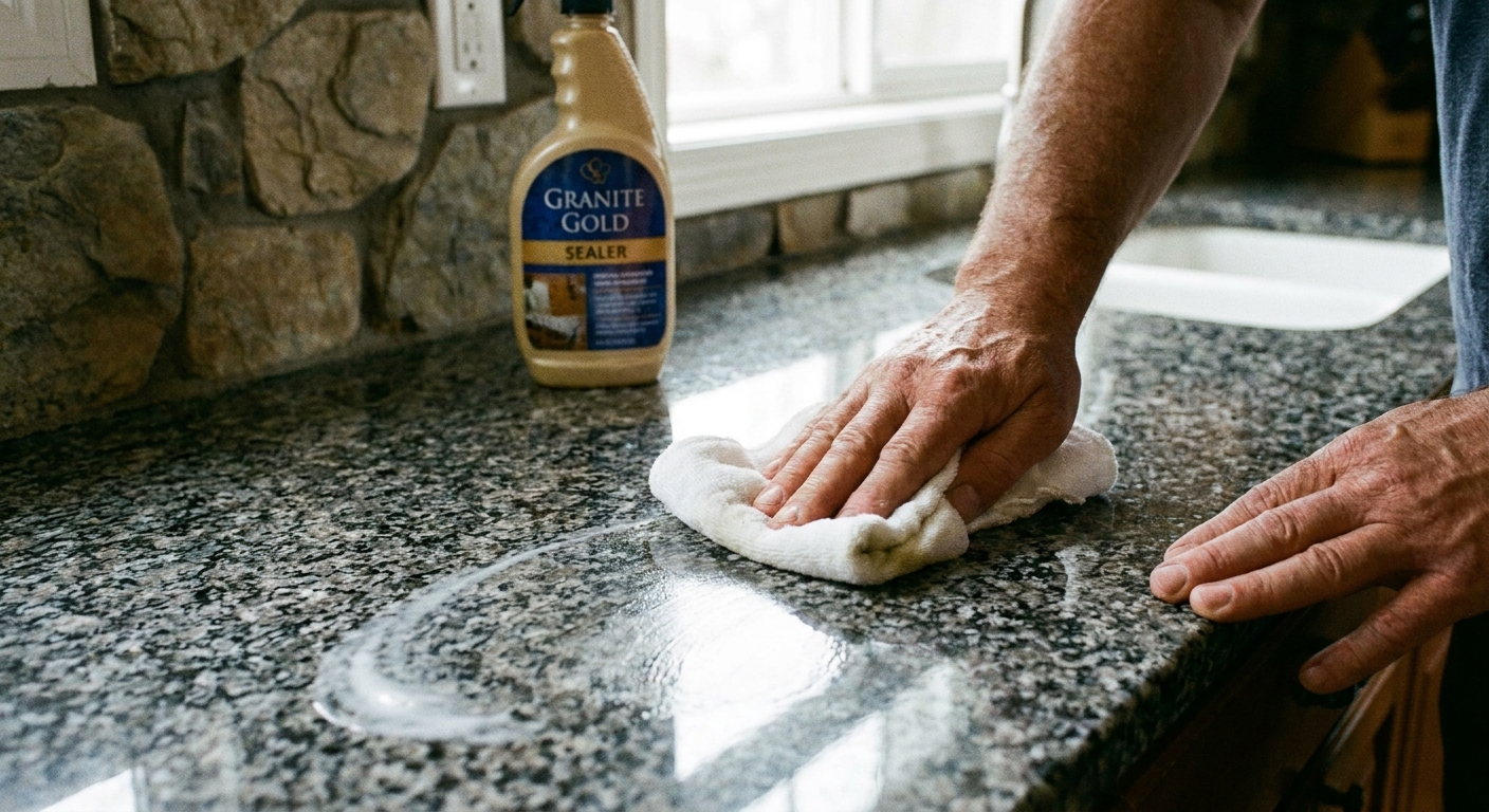 A close-up photograph of hands applying granite sealer to a polished stone countertop using a soft white cloth, with the sealer bottle nearby on a kitchen island
