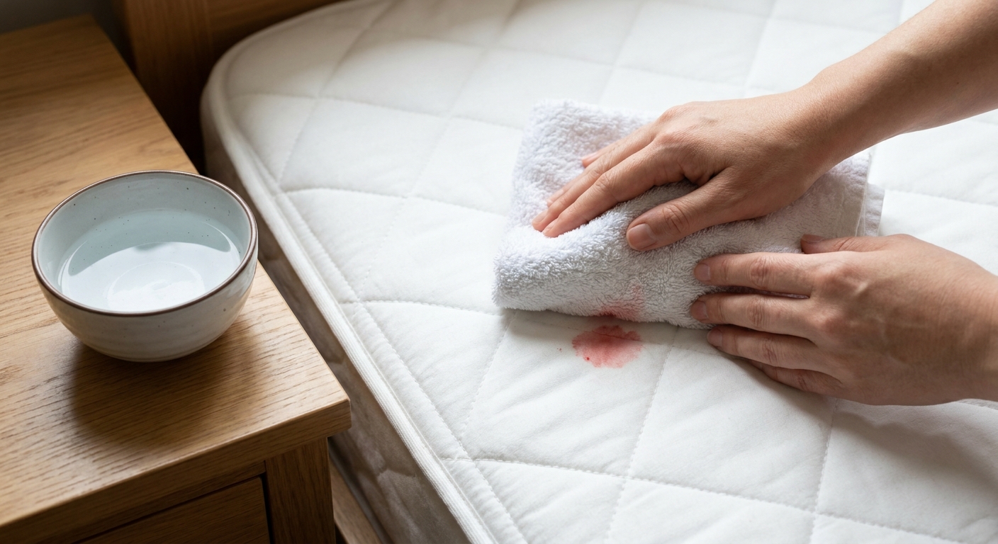 A close-up photograph of hands blotting a fresh blood stain on a white mattress with a clean white towel beside a bowl of cold water, natural bedroom light