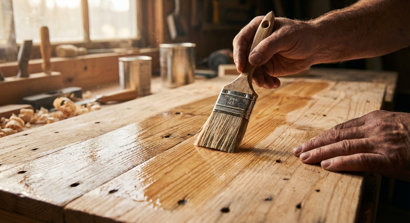 A close-up photograph of hands brushing a clear finish onto a sanded pallet wood tabletop, with visible wood grain and soft workshop lighting