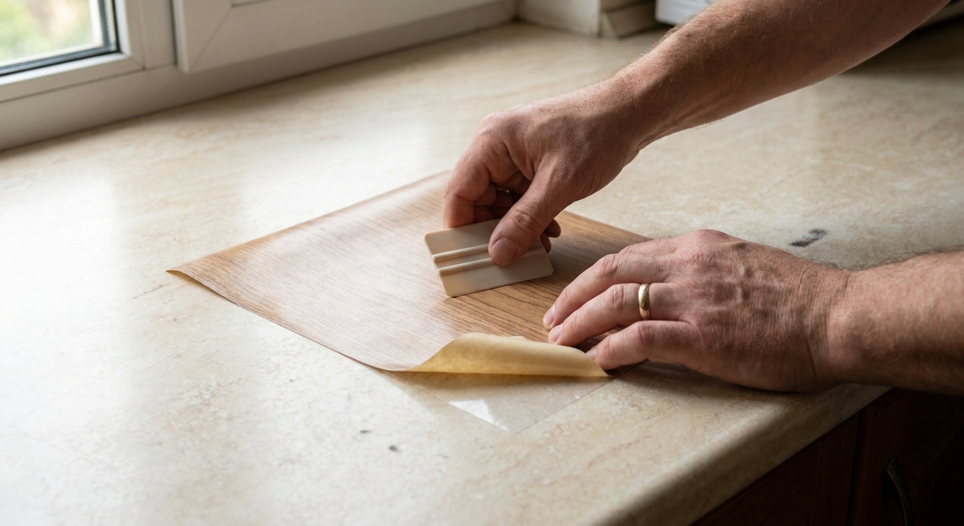 A close-up photograph of hands carefully laying a thin self-adhesive laminate patch onto a countertop surface, smoothing it flat