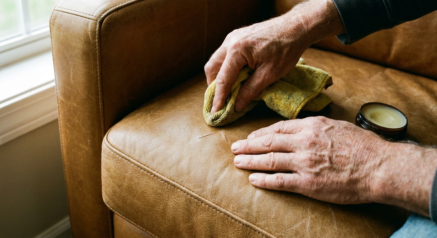 A close-up photograph of hands gently buffing a small scratch on a tan leather sofa using a microfiber cloth