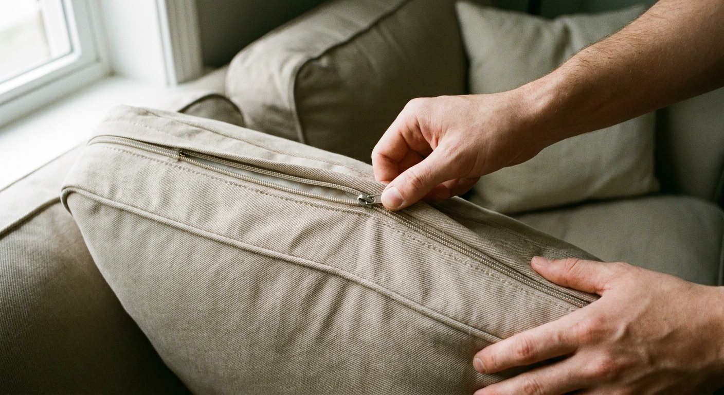 A close-up photograph of hands re-zipping an IKEA EKTORP sofa cushion cover on a neutral sofa, showing the zipper track and fabric texture in natural window light