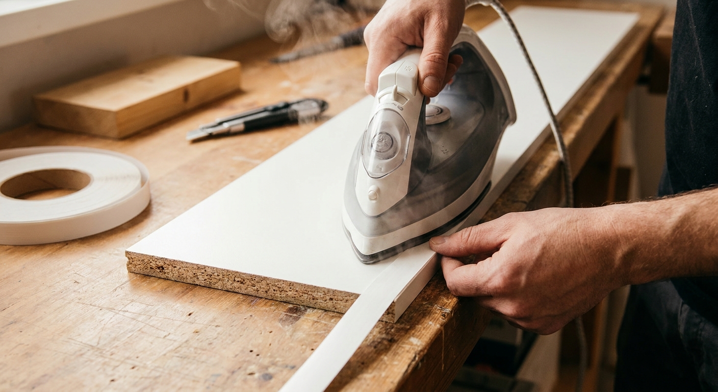 A close-up photograph of hands using a household iron on heat-melt edge banding along the raw edge of a white chipboard IKEA shelf, warm indoor lighting, realistic DIY scene