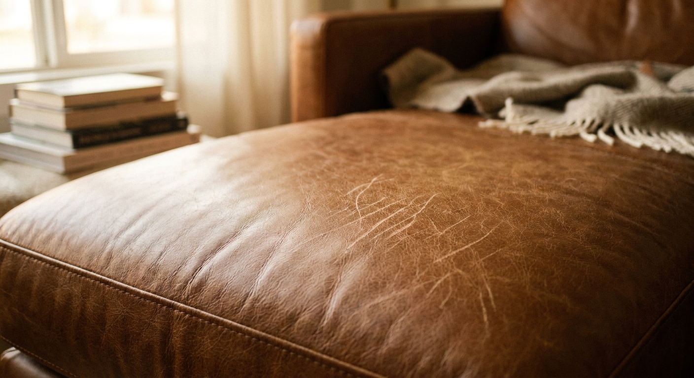 A close-up photograph of light cat scratches on a warm brown top-grain leather sofa cushion in a softly lit living room