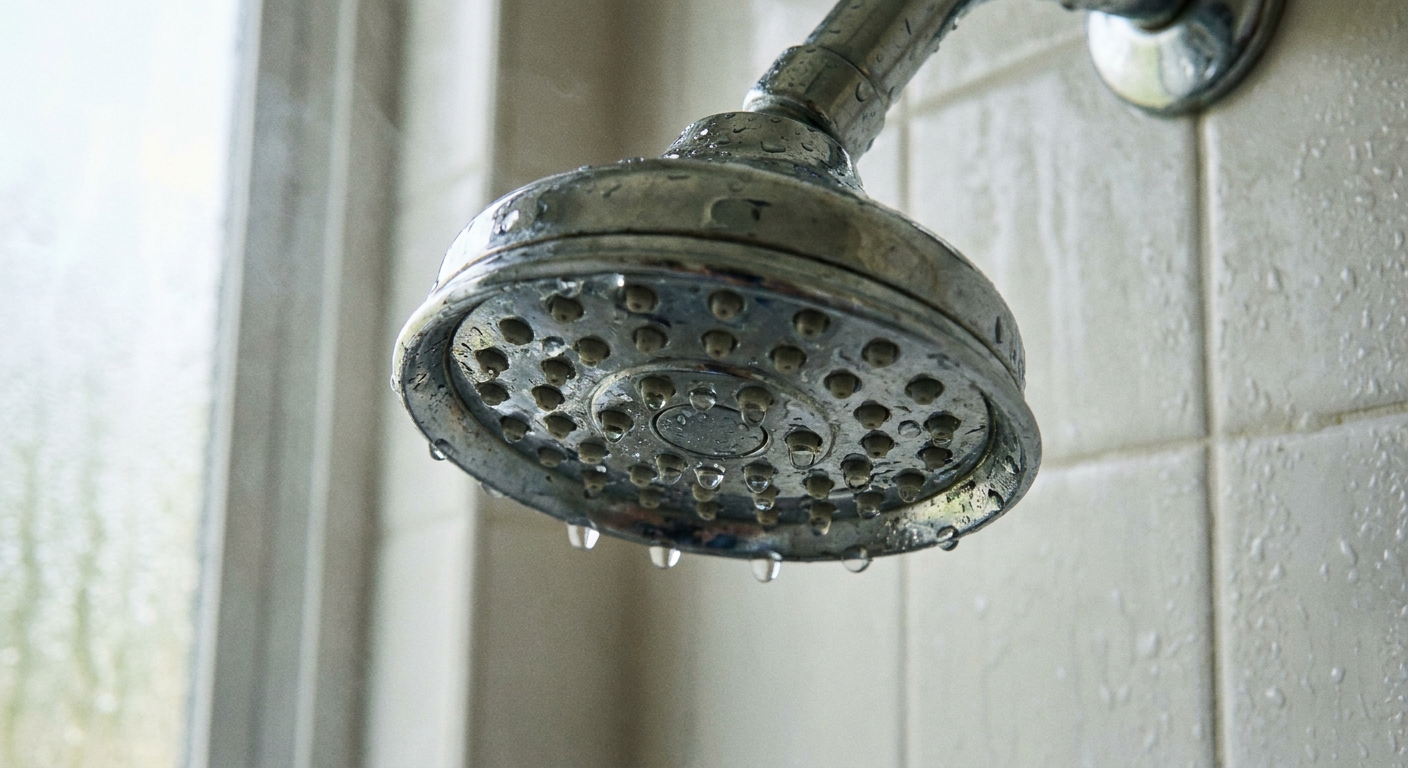 A close-up, real-life photo of a chrome shower head with a few water droplets forming at the nozzles in a softly lit bathroom