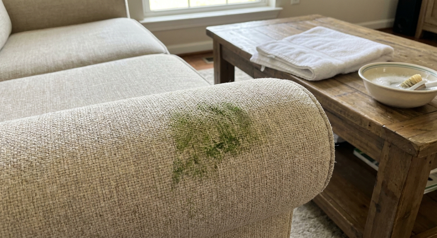 A close-up, real-life photo of a light beige fabric couch cushion with a fresh green grass stain near the edge, with a white towel and a small bowl of cleaning solution on a coffee table nearby