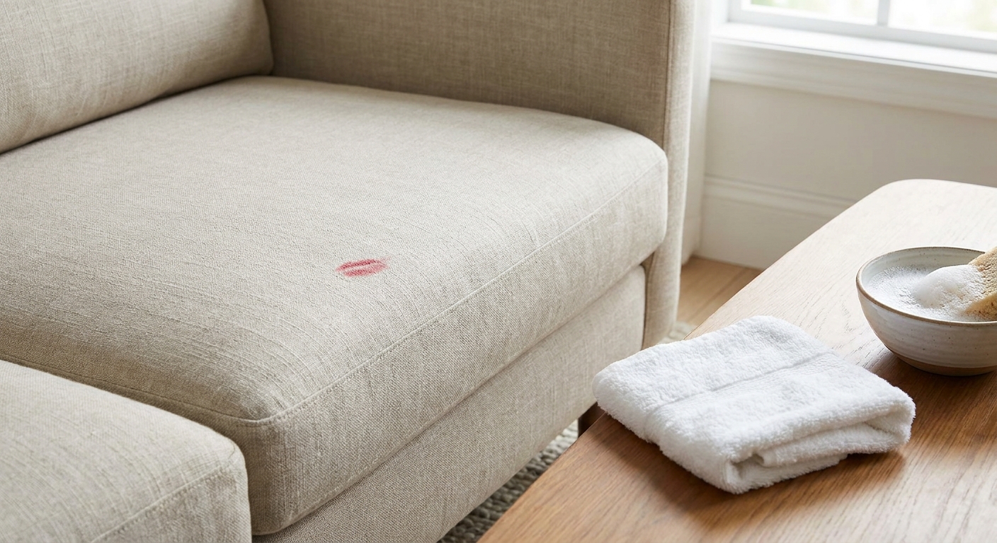 A close-up real-life photo of a light beige fabric sofa cushion with a small lipstick smudge, a white towel, and a small bowl of cleaning solution on a coffee table nearby