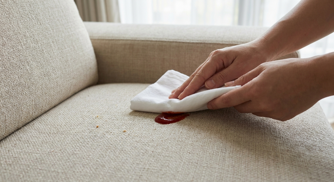 A close-up real-life photo of hands gently blotting a fresh ketchup spill on a light beige fabric sofa with a clean white cloth in soft natural window light